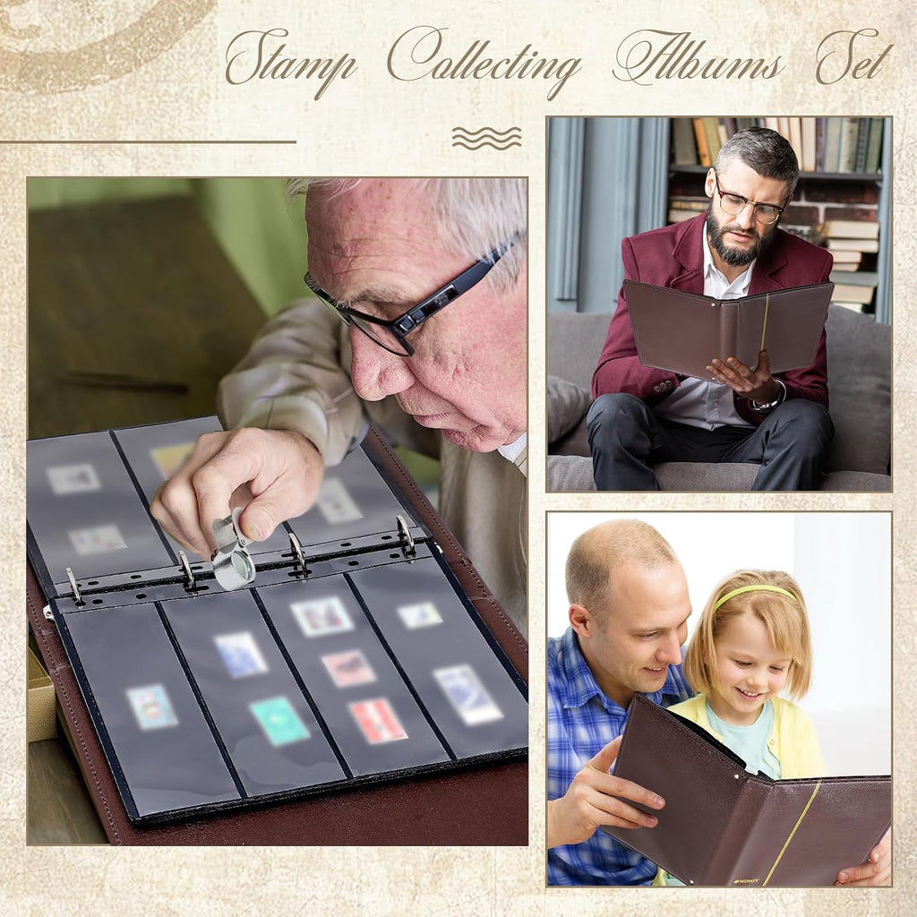Stamp Collecting Album Binder Kit for Collectors, 1/2/3/4 Rows Banknotes Storage Book with 20 Stamp Pages, 4 Ring