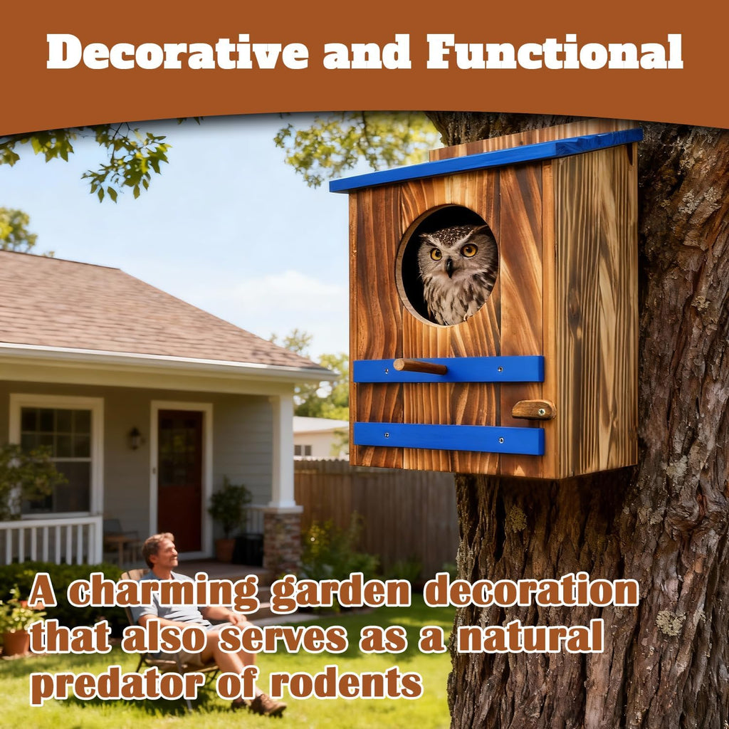 Screech Owl House for Outdoors,10"x10"x15" Large Carbonized Wood Barred Owl Nesting Box, Weather-Resistant Bird House