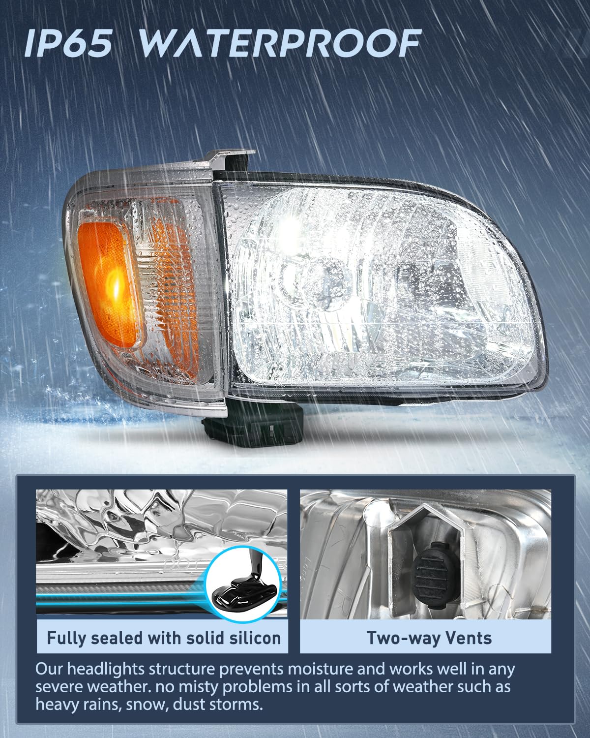 Headlight Assembly Compatible with 2001 2002 2003 2004 Toyota Tacoma Replacement Headlamp Chrome Housing Amber