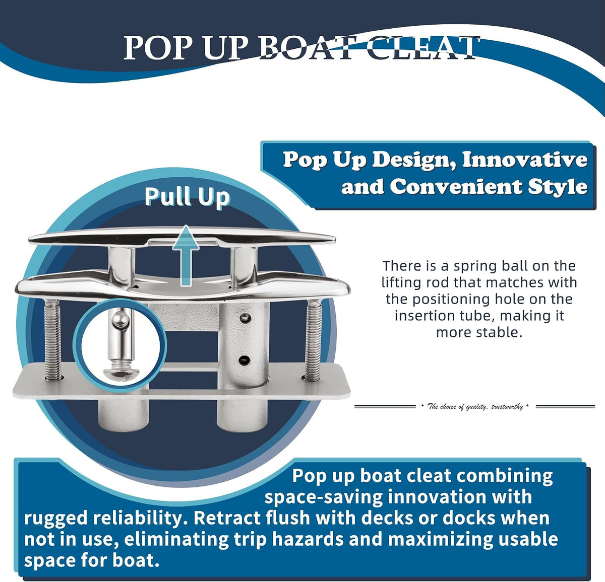 SHENGHUISS Boat Cleats 316 Stainless Steel Pop Up Cleat Retractable Heavy Duty Pull Up Cleat Flush Mount Deck Cleats with Backing Plate and Lock Nuts（5"/6"/8"/10"）