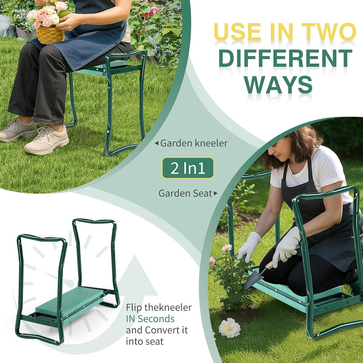 24in Foldable Garden Kneeler and Seat with Tool Pouch, 2-in-1 Function Portable Thicken Soft Kneeling Pad Garden