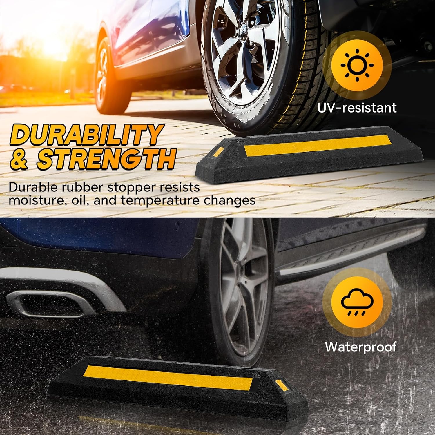 Heavy Duty Rubber Curb Car Stop 2-Pack | Curb Garage Vehicle Floor Stopper for Parking Safety with Reflective Yellow