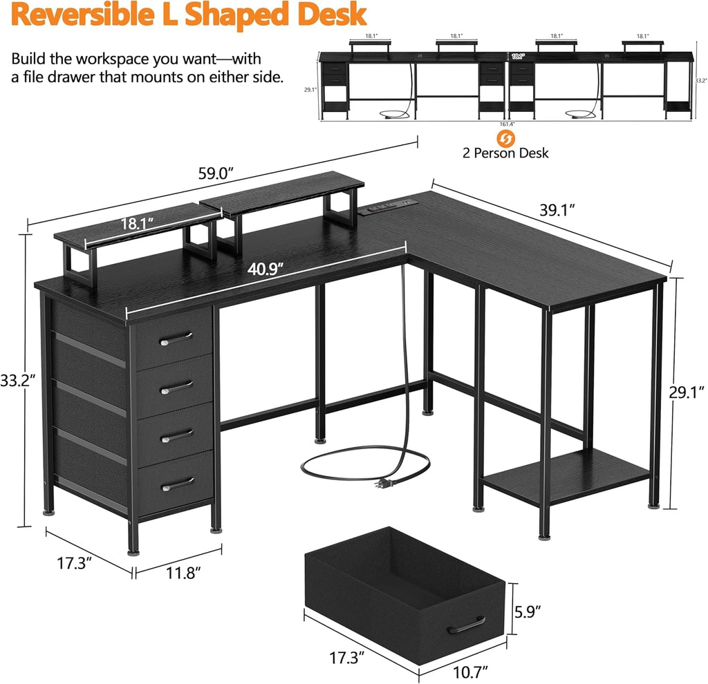 59 inch L Shaped Computer Desk with Power Outlets, Home Office Desk with 4 Adjustable Storage Drawers & 2 Monitor