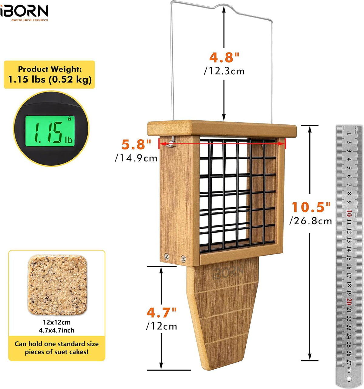 Suet Bird Feeder with Tail Prop,WPC Recycled Plastic & Weatherproof,Raw,1PK