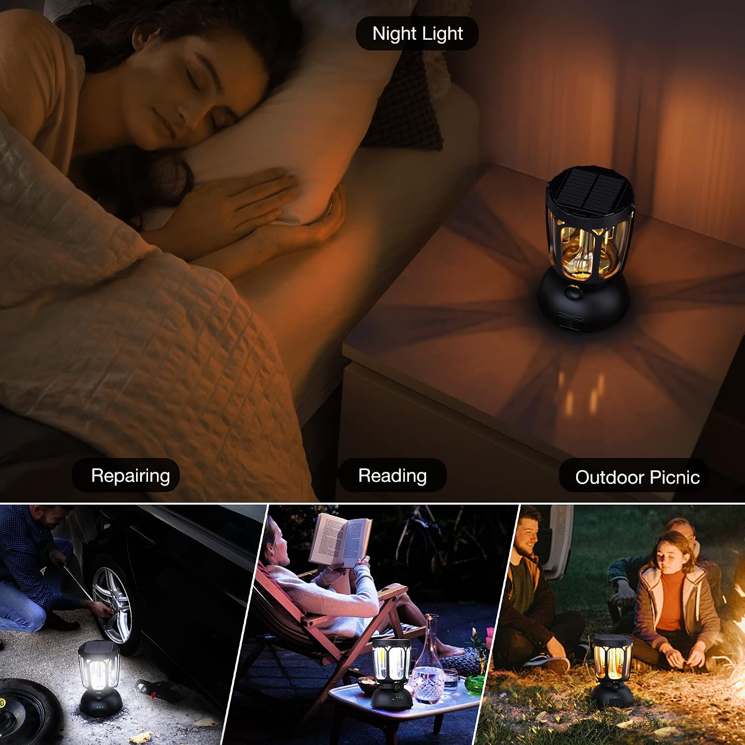 6000 LED Camping Lantern Rechargeable, 650LM Hand Crank Solar Camping Light, Portable Battery Powered Lantern for