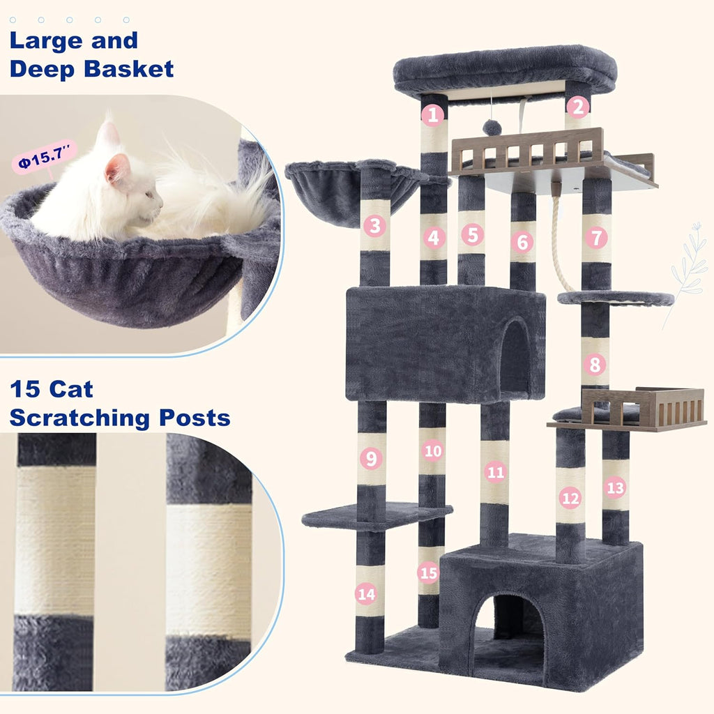 Maine Coon Cat Tree, Heavy Duty Cat Tree for Indoor Cats Large Adult, Cat Tower for Large Cats 20 lbs+ with Hammock