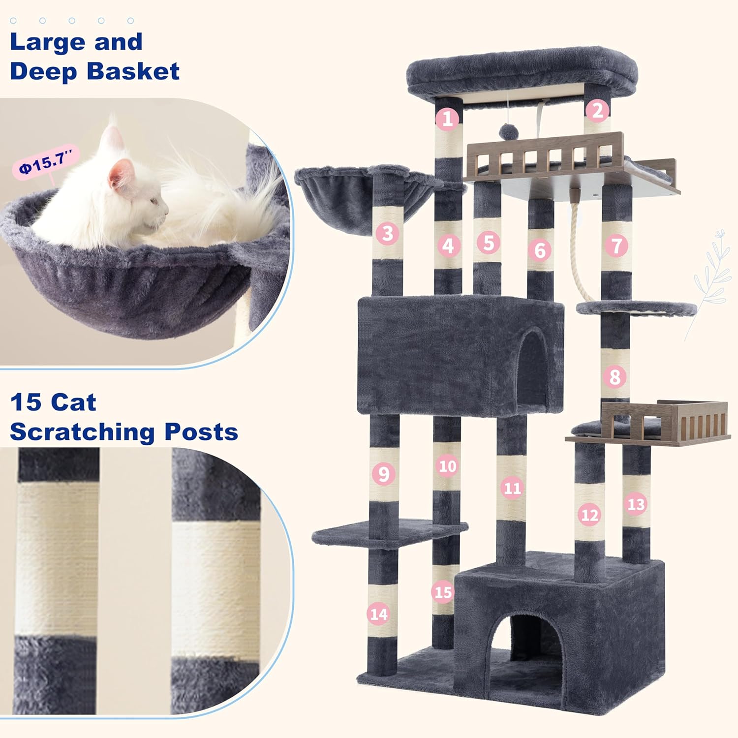 Maine Coon Cat Tree, Heavy Duty Cat Tree for Indoor Cats Large Adult, Cat Tower for Large Cats 20 lbs+ with Hammock