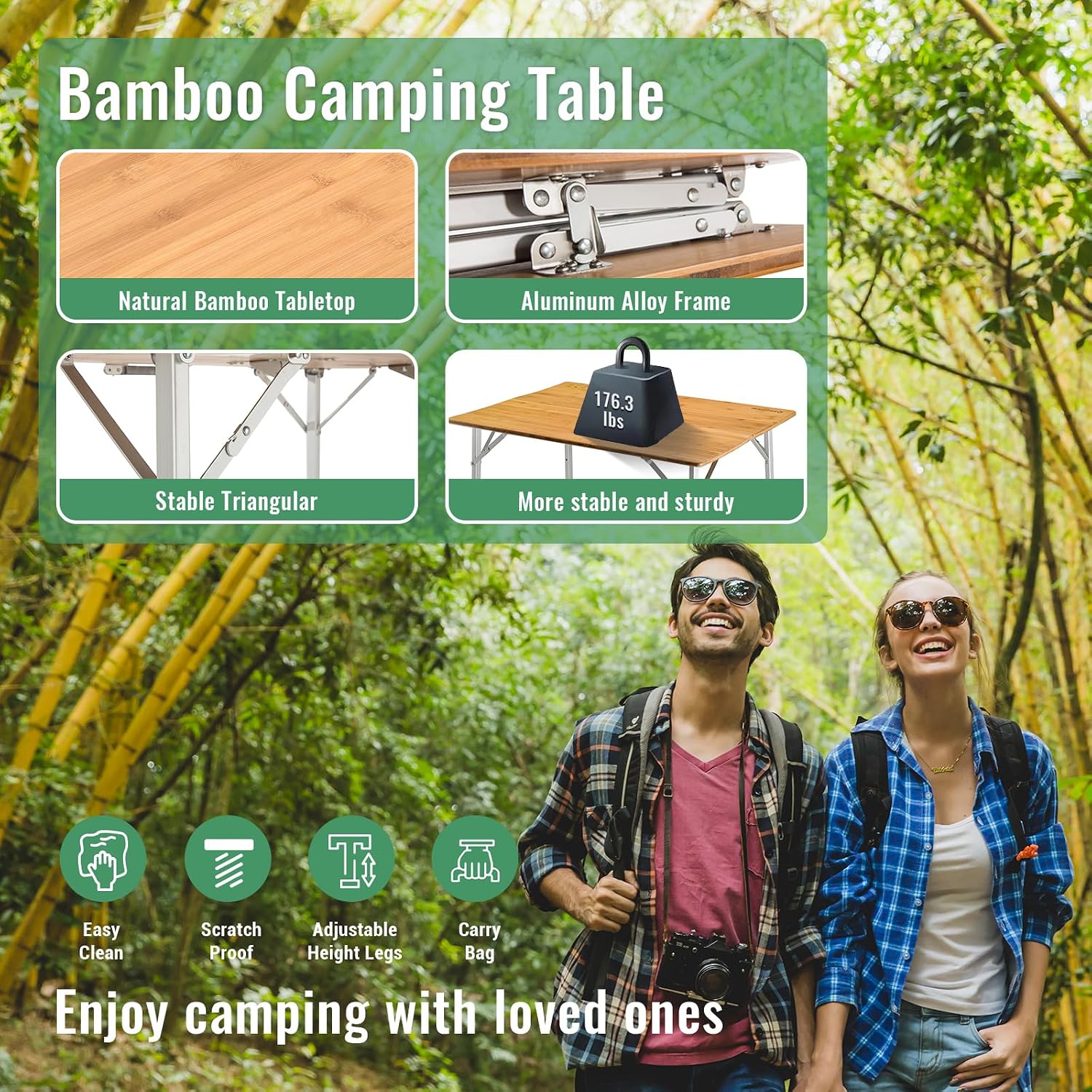 Adjustable Height Folding Table, 4-Fold Bamboo Camping Outdoor Portable RV Camp Table with Carry Bag for Outdoor Car