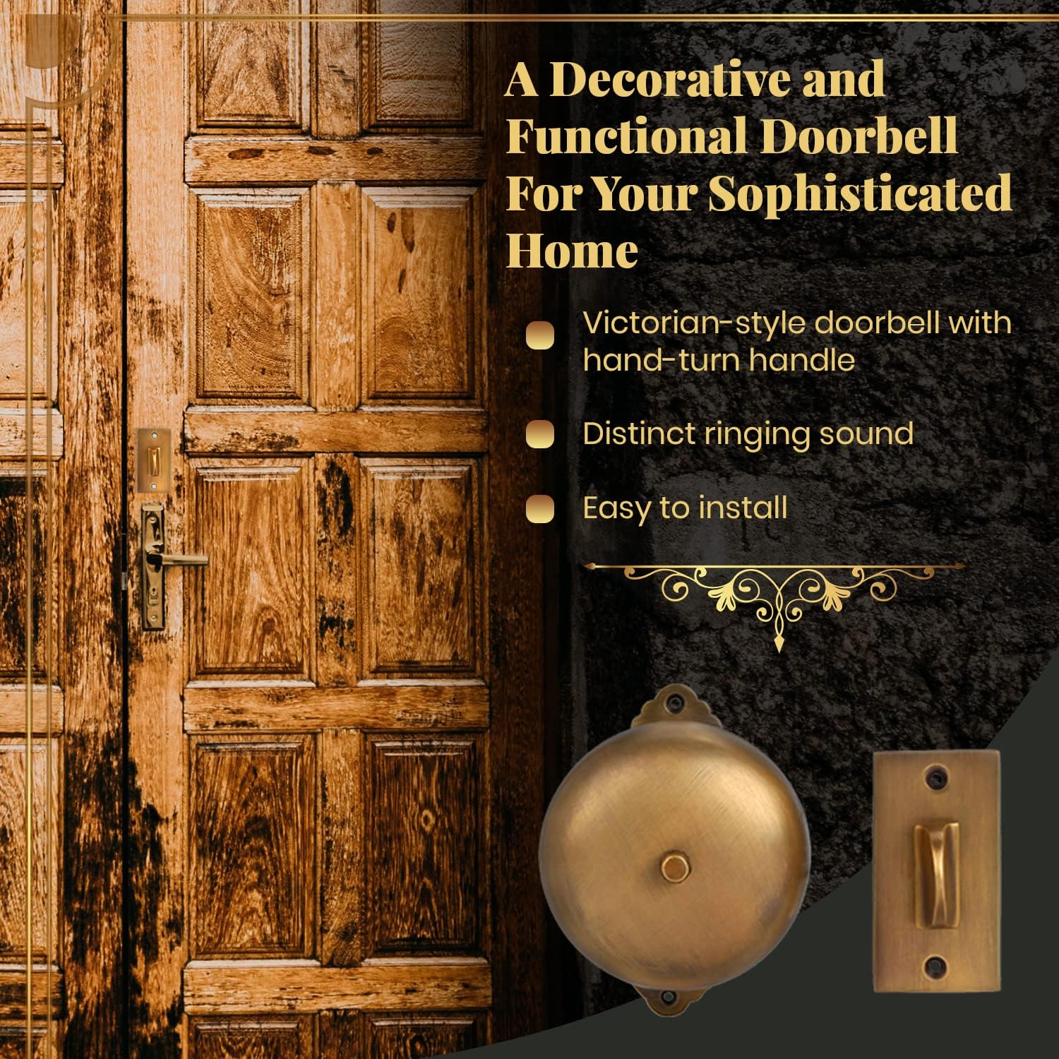 Mechanical Doorbell, Solid Brass, Antique Brass Finish | 2 6/7 x 1 3/5" Exterior Plate, 4 3/5 x 3 1/3" Wireless