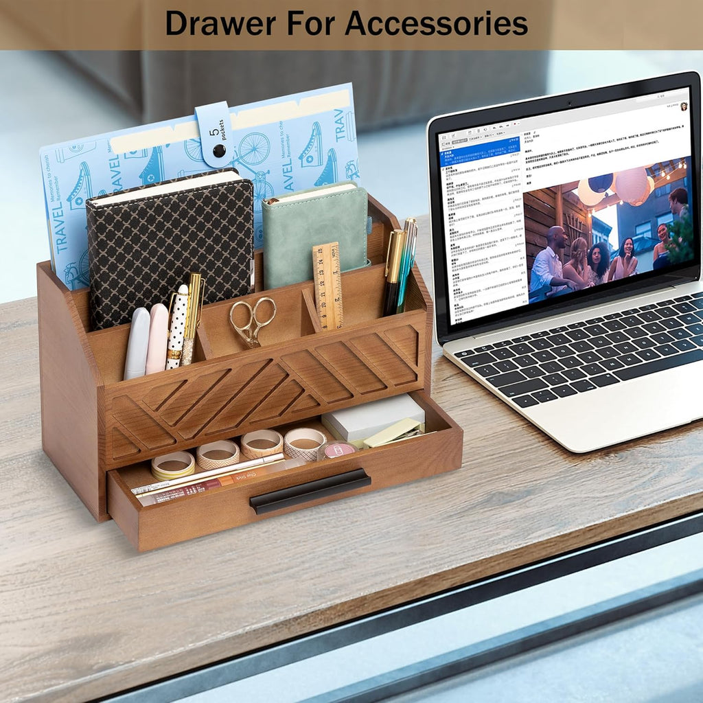Brown Wood Desk Organizer and Accessories with Drawer, Bill Mail Organizer and File Mail Holder for Office Supplies