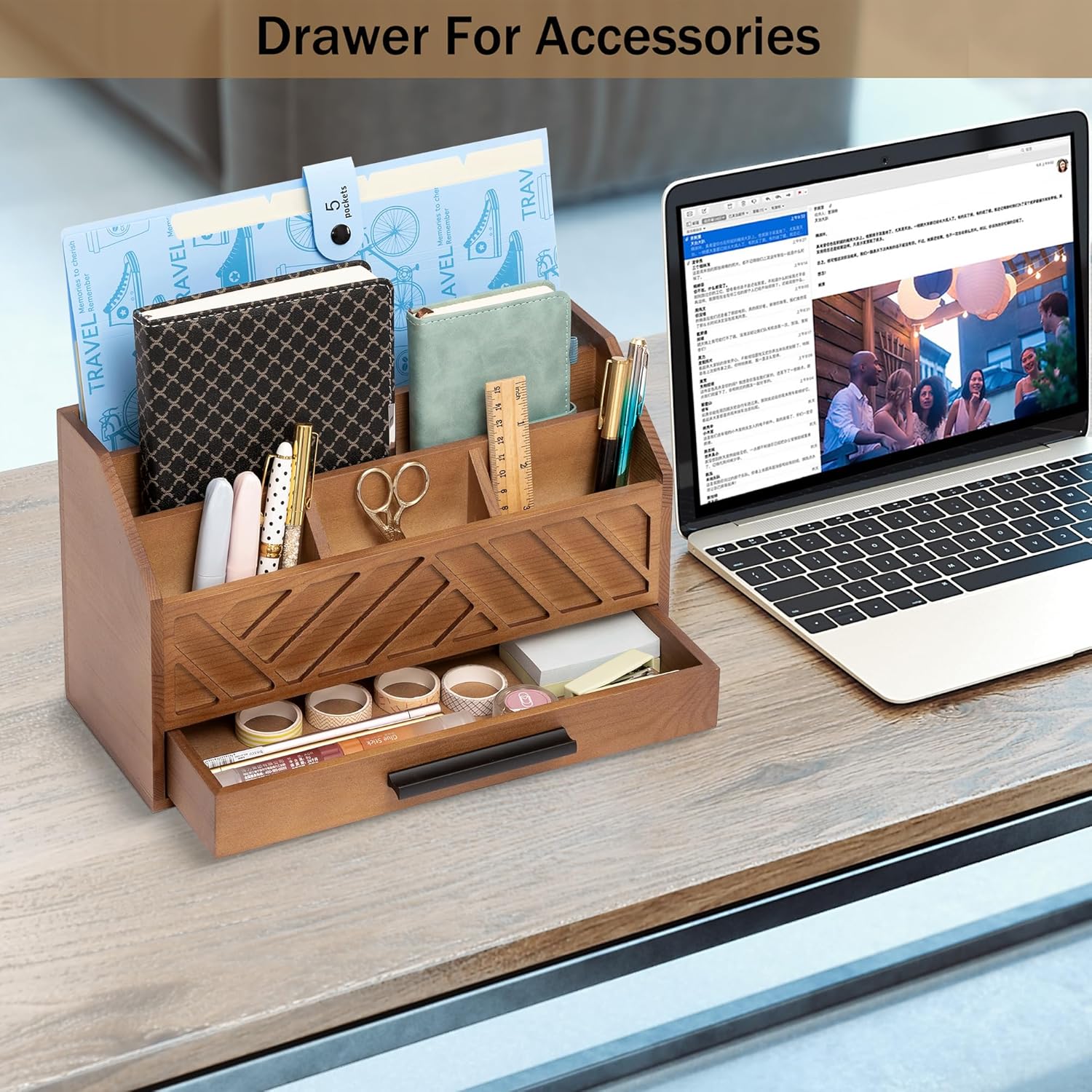 Brown Wood Desk Organizer and Accessories with Drawer, Bill Mail Organizer and File Mail Holder for Office Supplies