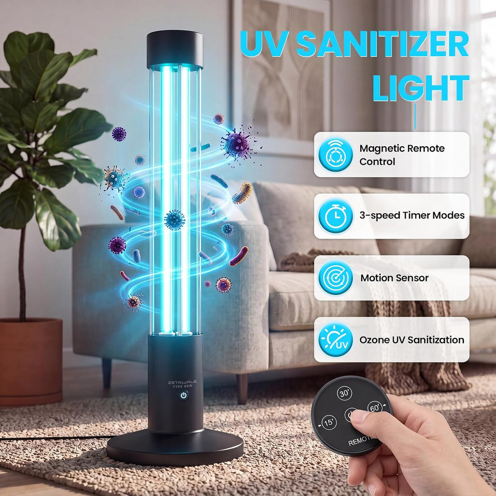UV Sanitizer Light, 60W UV Lamp with Motion Sensor, Ultraviolet Light with Magnetic Remote Control, Household