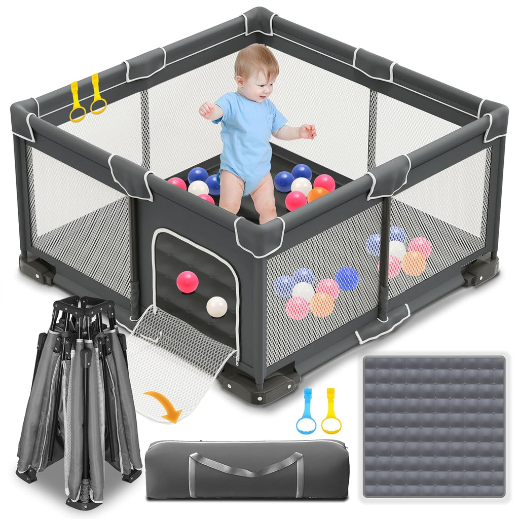Foldable Playpen for Babies and Toddlers, 50x50 Inches Portable Playpen, Kids Collapsible Play Pen with 2 Handlers