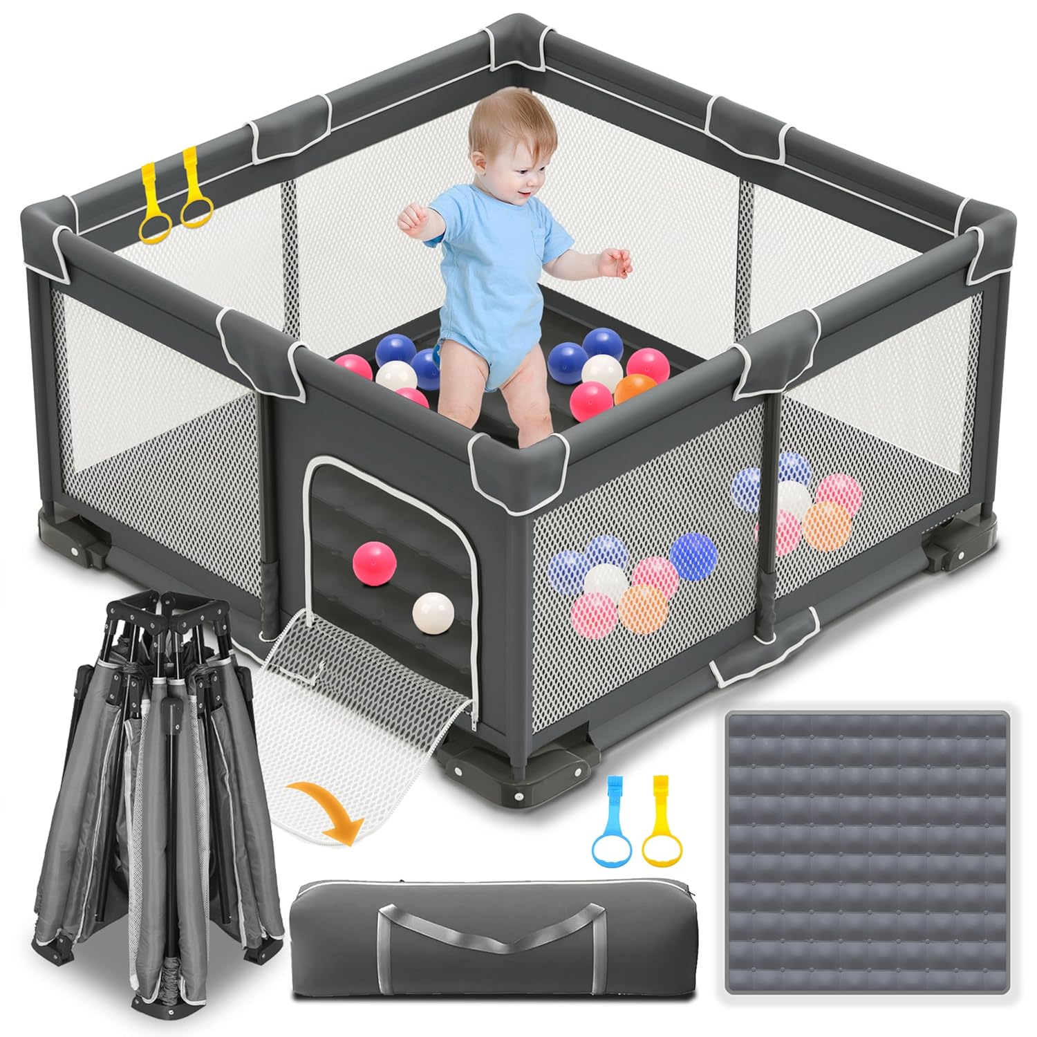 Foldable Playpen for Babies and Toddlers, 50x50 Inches Portable Playpen, Kids Collapsible Play Pen with 2 Handlers