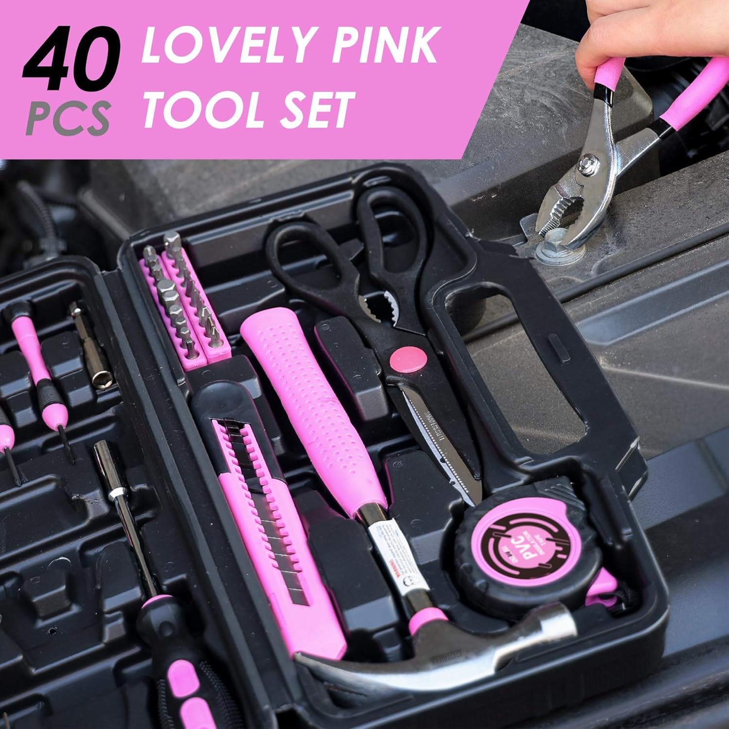 40 Pieces Home Tool Set Pink, General Household Hand Tool Kit with Plastic Toolbox Storage Case, Mini Repair Tool kit