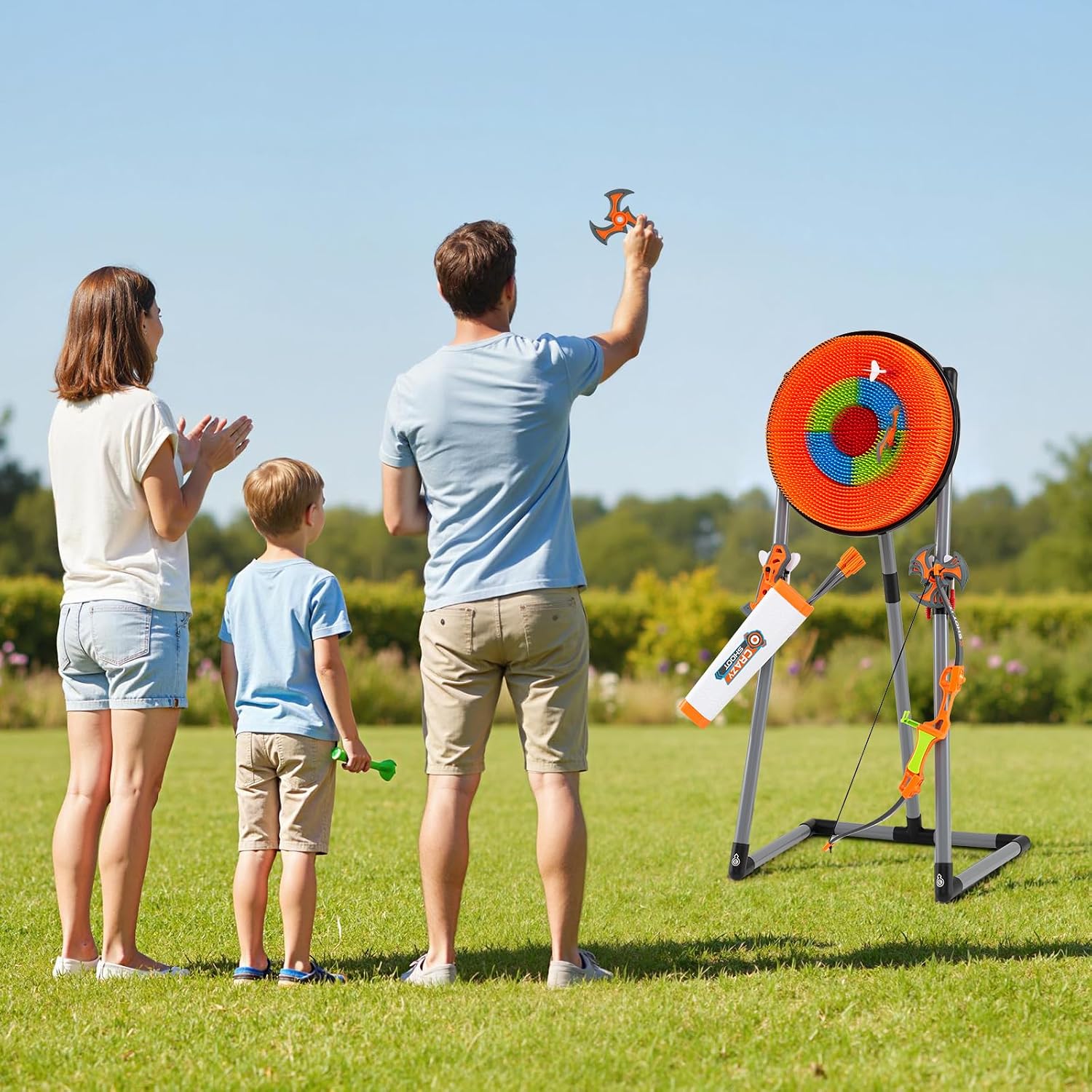 Axe Throwing Bristle Target, 4-in-1 Plastic Throwing Axes Game Set w/ 12 Darts, 5 Arrows & Bow