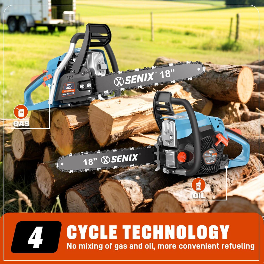 4-Cycle 18-Inch Gas Chainsaw | 49cc Cordless Chain Saw for Wood Cutting, Tree Trimming, Farm & Home Garden Use | No