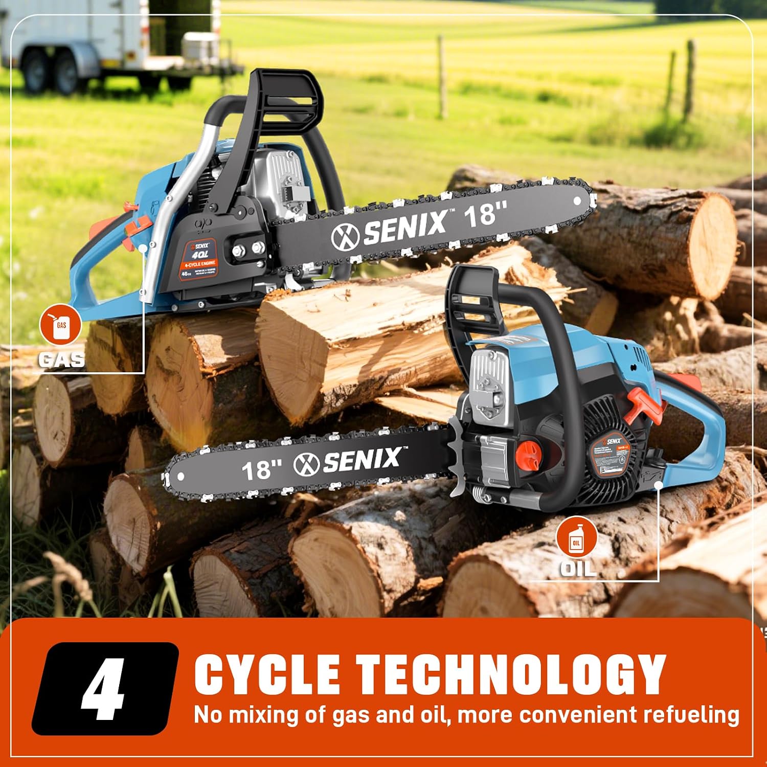 4-Cycle 18-Inch Gas Chainsaw | 49cc Cordless Chain Saw for Wood Cutting, Tree Trimming, Farm & Home Garden Use | No