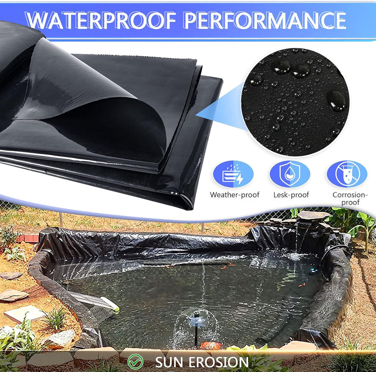 Pond Liner 10 x 13 Ft, 20 Mil HDPE UV Resistant Preformed Pond Liner Easy Cutting, Underlayment for Fountain