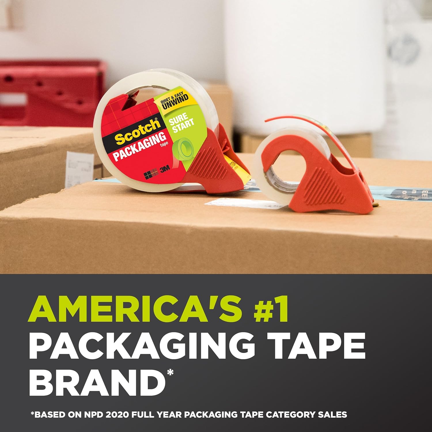 Sure Start Packing Tape, Clear, 1.88 in. x 22.2 yd. | 6 Tape Rolls with Dispensers, Quiet Unwind and Easy Start