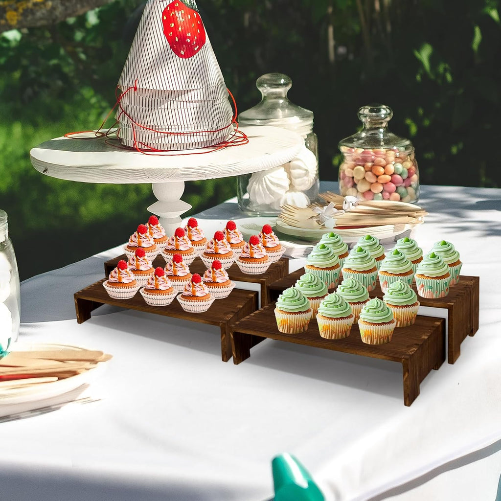 4Pcs Large Display Riser Wood Risers Cupcake Display Stand 2 Tier Racks Rectangular, 2 Set Perfume Decorative Display