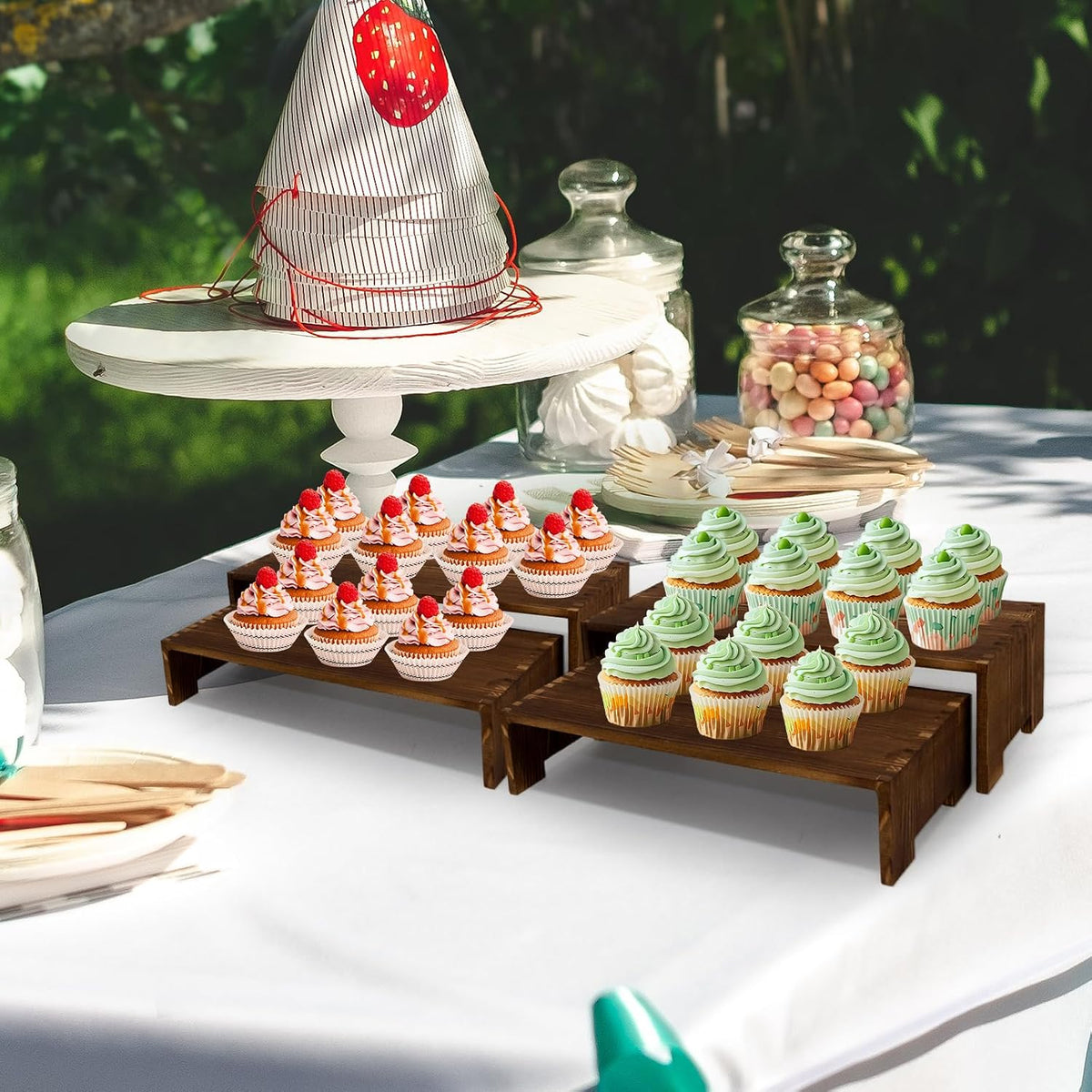 4Pcs Large Display Riser Wood Risers Cupcake Display Stand 2 Tier Racks Rectangular, 2 Set Perfume Decorative Display