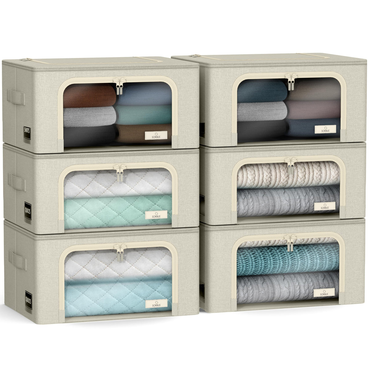 Clothes Storage Bins, Clear Window & Handles (6 Pack, Beige)