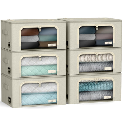 Clothes Storage Bins, Clear Window & Handles (6 Pack, Beige)