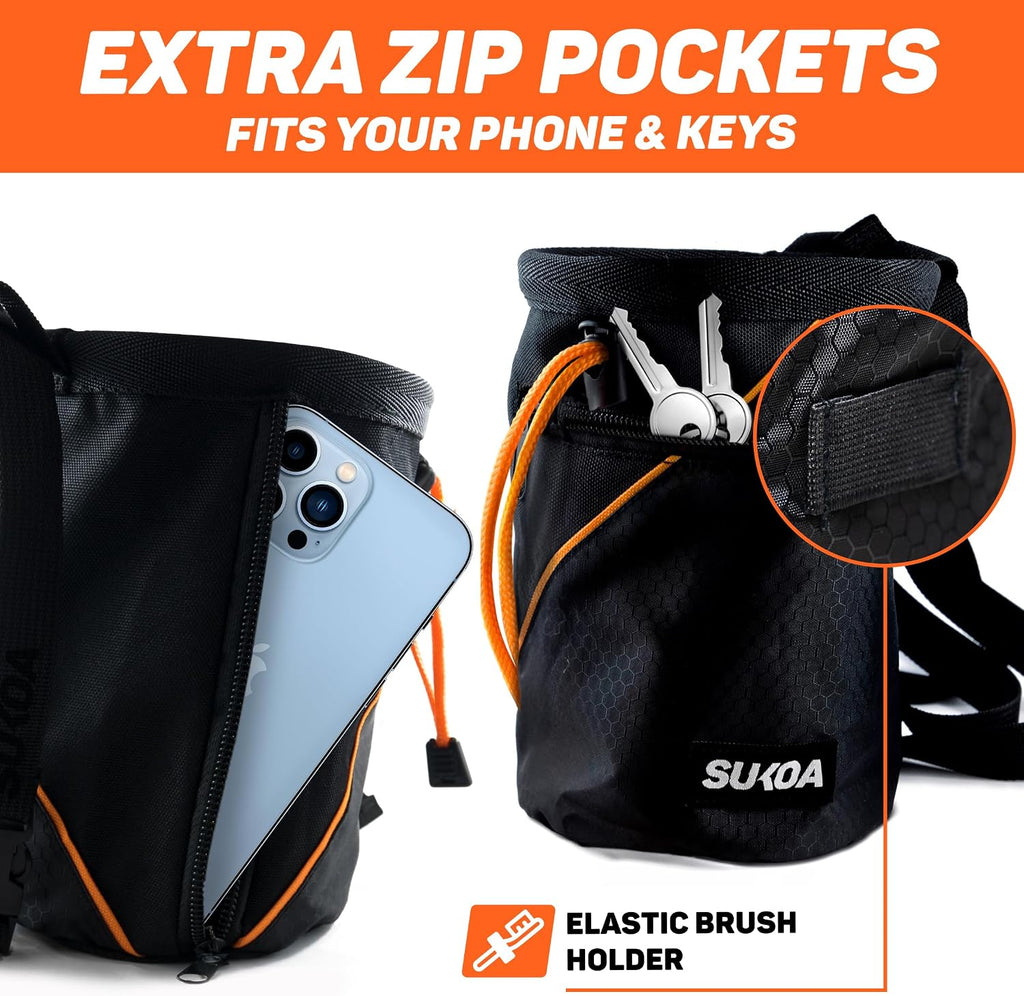 Chalk Bag for Rock Climbing - Rock Climbing Gifts Gear Accessories - Quick-Clip Belt, Large Zippered Pockets & Brush
