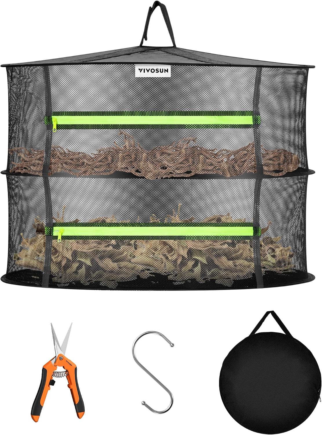 2-Layer Mesh Drying Rack Hanging Design with Green Zippers for Dehydrating, Indoor and Outdoor Pruning Shears Included