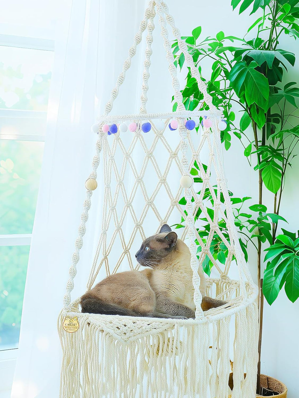 Cat Hammock Macrame Hanging Bed for Large Cats - 50lbs Heavy Duty Cat Swing Wall Mounted Boho Window Perch - Hardware