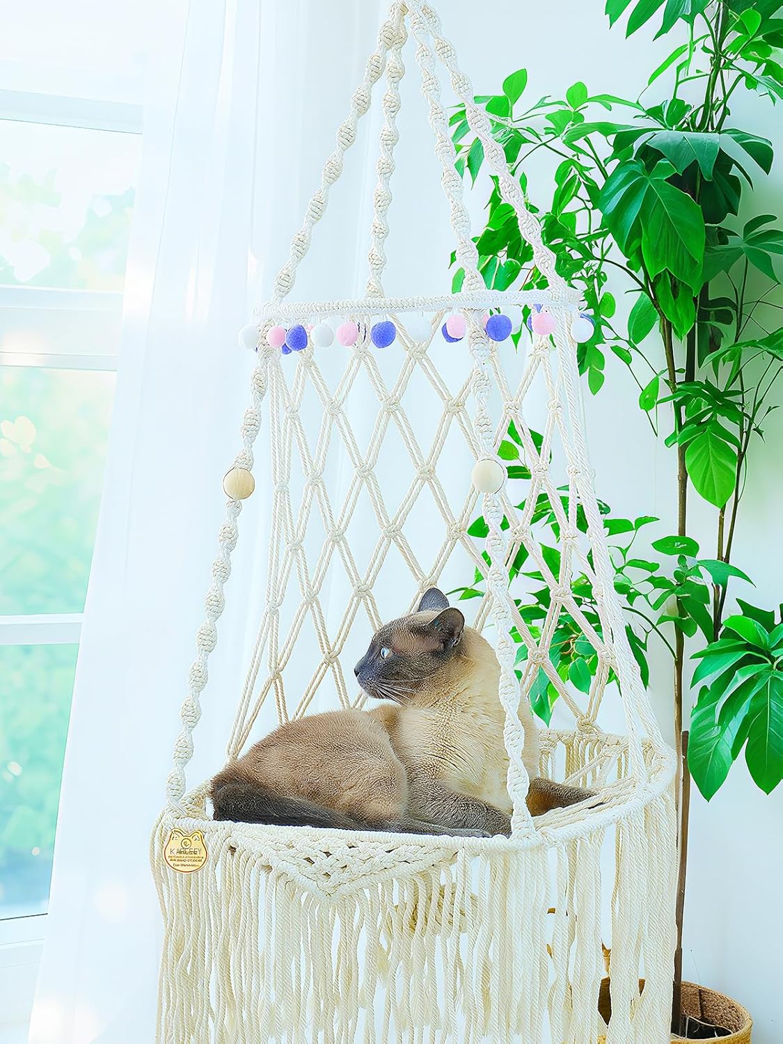 Cat Hammock Macrame Hanging Bed for Large Cats - 50lbs Heavy Duty Cat Swing Wall Mounted Boho Window Perch - Hardware