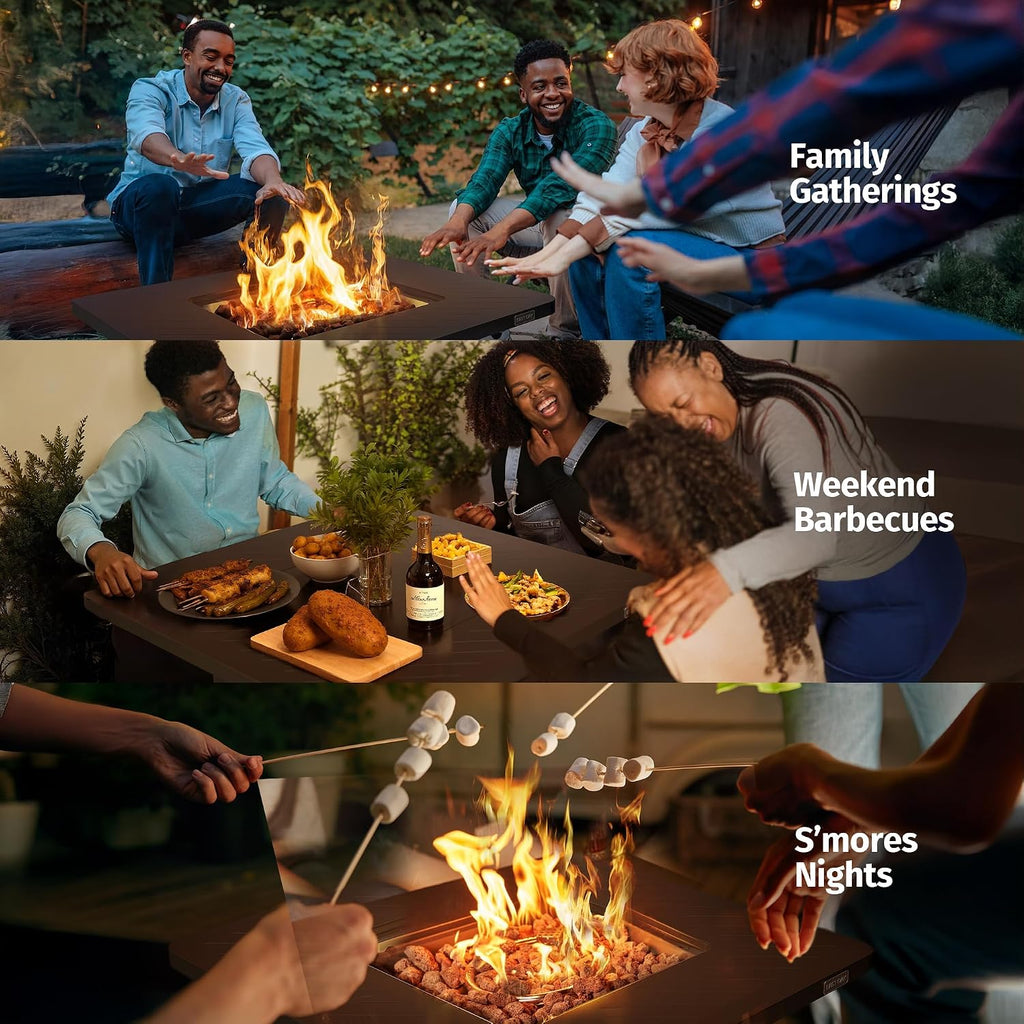 28” Outdoor Propane Fire Pit Table | 52,000 BTU Gas Fire Pit for 2-4 People with Space-Saving Hock Lid, Mesh Pocket &