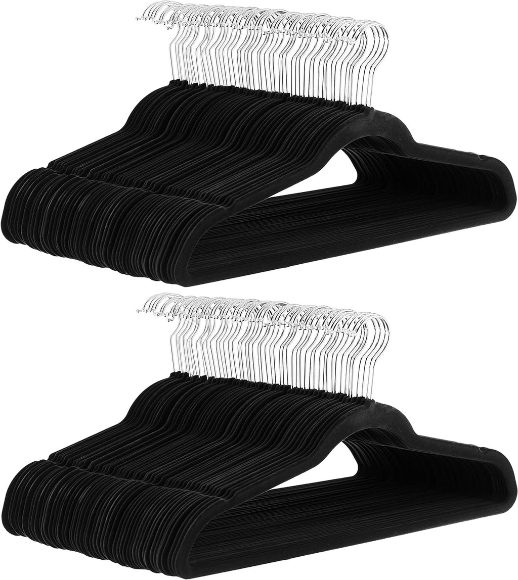 Slim Velvet Non-Slip Space Saving Suit Clothes Hangers, Closet Organizer, Black/Silver, 100-Pack