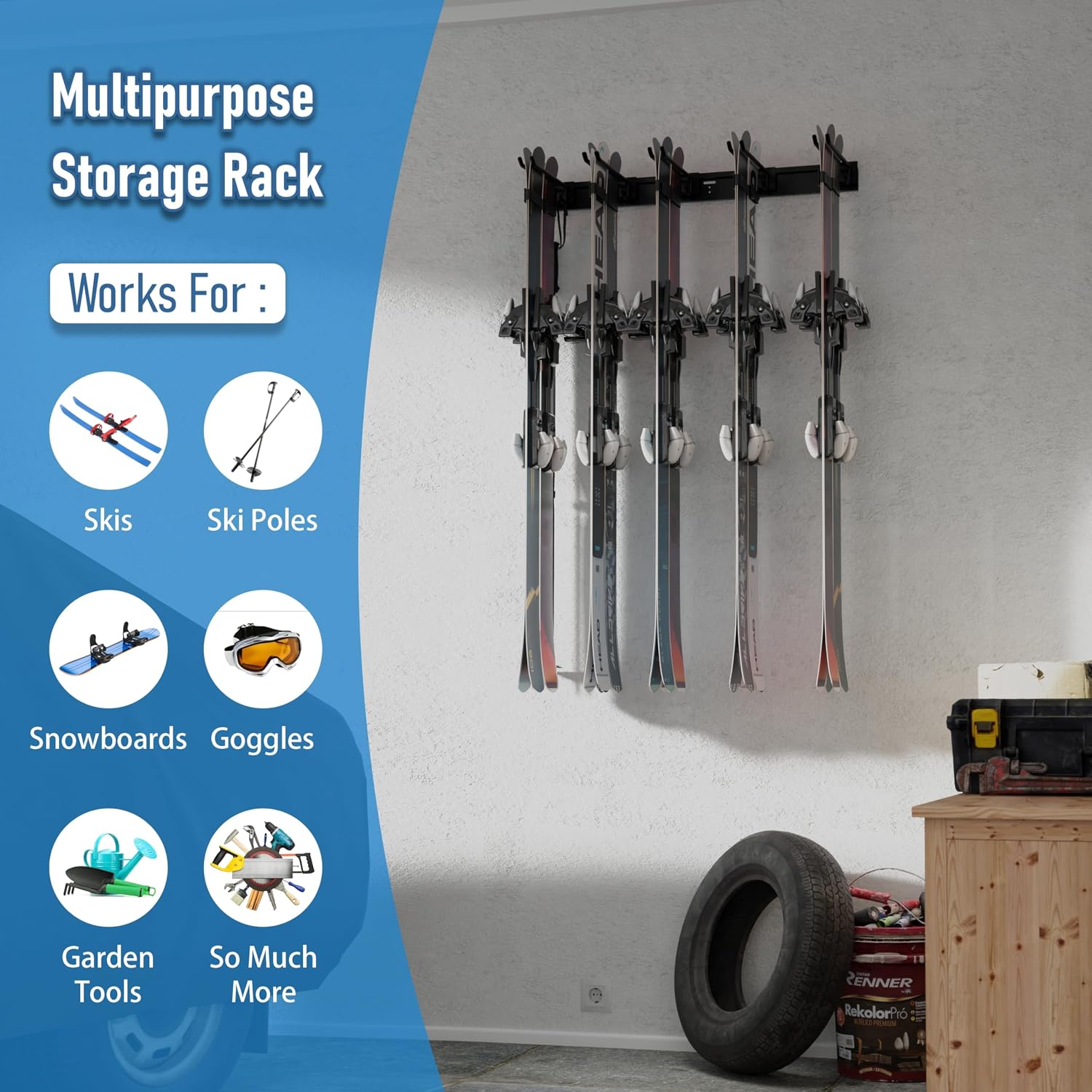 USA Based Ski Rack Wall Mount, Holds 6 Pairs for Ski Storage Rack, Snowboard Hanger & Ski Holders for Wall Storage