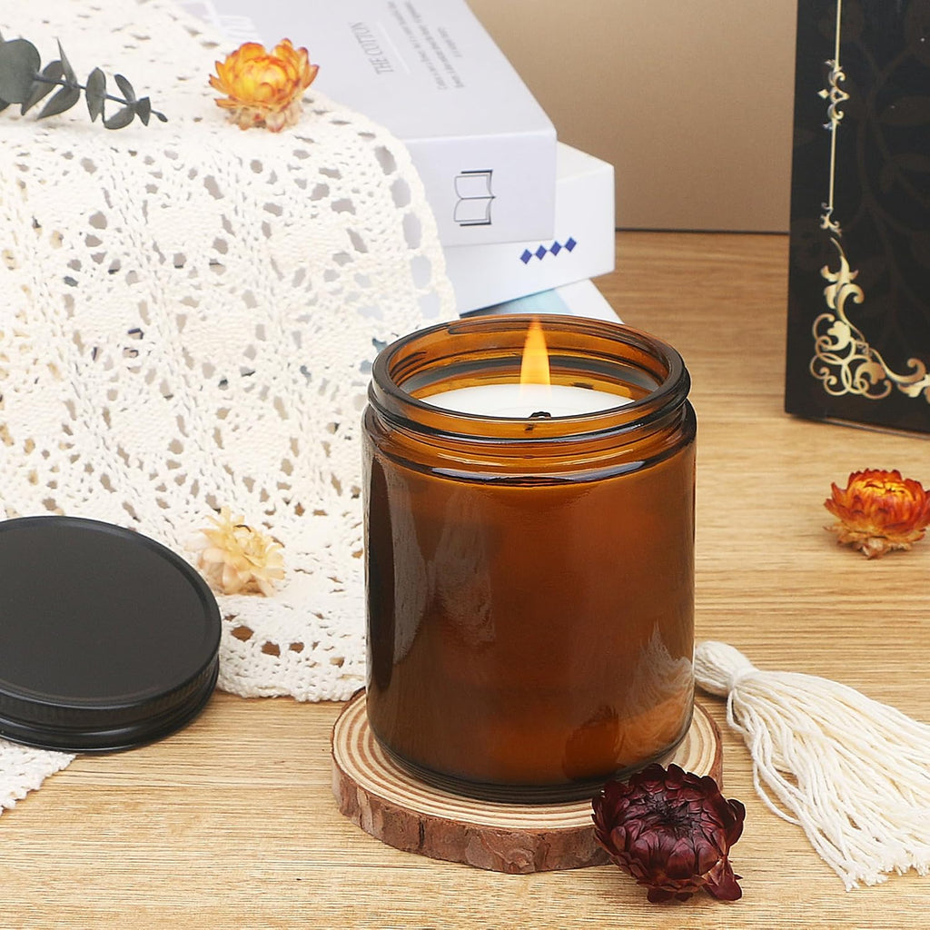 12 Pack 8 OZ Thick Glass Dark Amber Candle Jars with All Black Metal Lids-Bulk Empty Candle Jars for Making