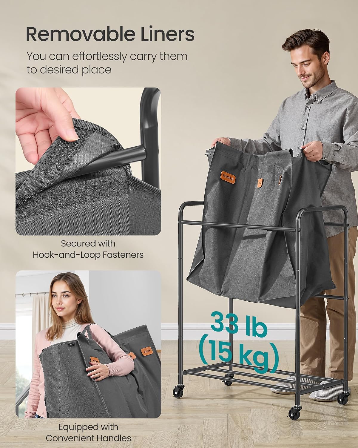 3-Section Laundry Sorter, Laundry Hamper with Wheels, Rolling Clothes Hamper Cart with Large Capacity and Removable Bags