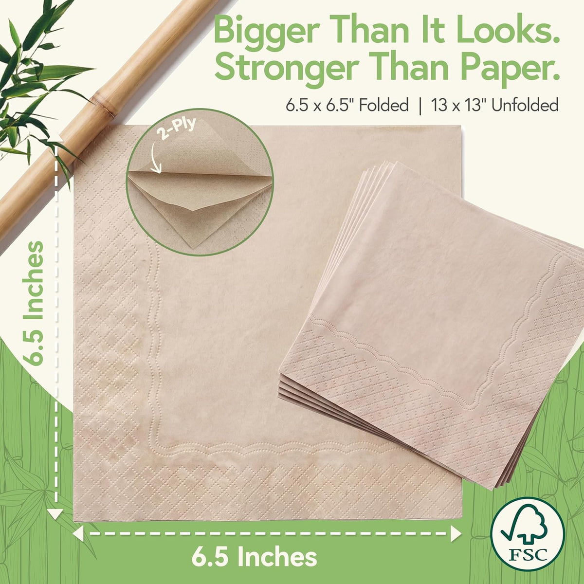 100% Bamboo Table Napkins, 250 Pack, 6.5 x 6.5 Inch