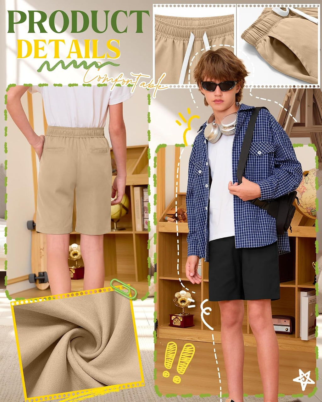 Boys School Uniform Shorts | Pull On Bermuda Shorts, Flat Front Performance Design, Drawstring Waist with