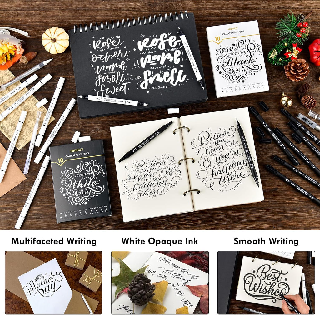 Dual Tip Black Acrylic Calligraphy Pens, 10 Size Calligraphy markes for Writing, Hand Lettering Pen for Art Drawing