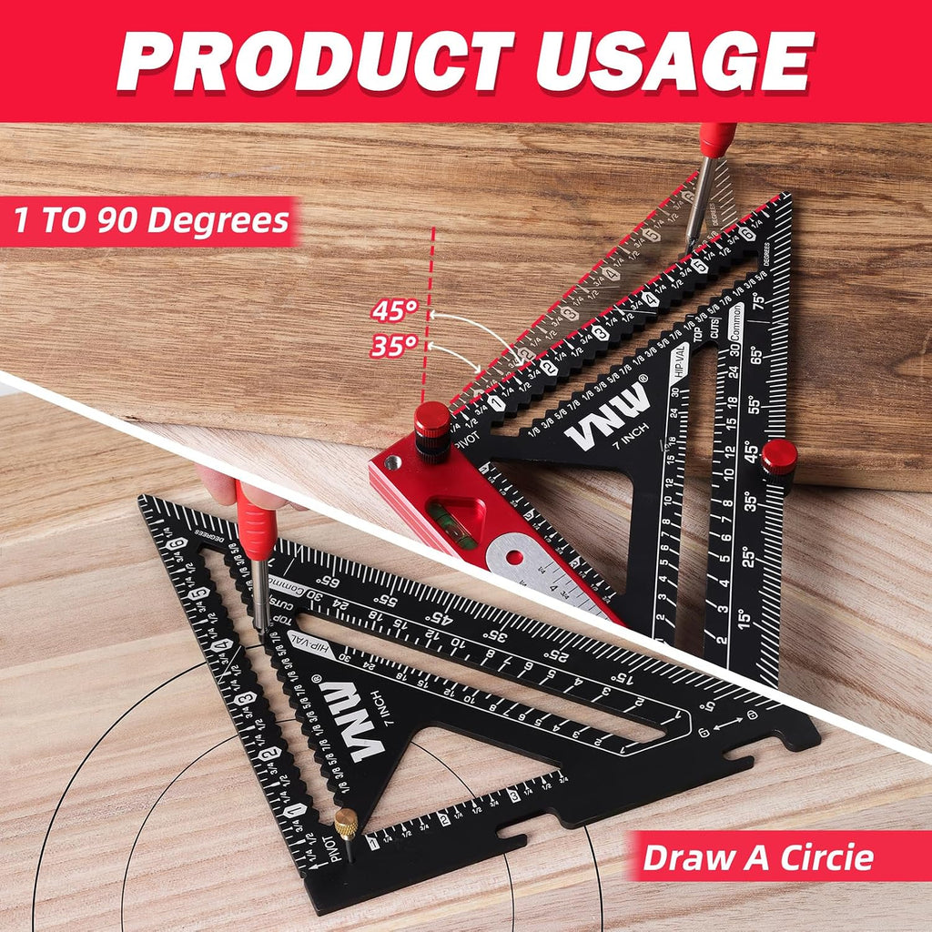 6 in 1 Rafter Square with Carpenter Pencil, 7in Rafter Square Multi-Purpose Carpenter Tools:Square,Protractor, 1/16"