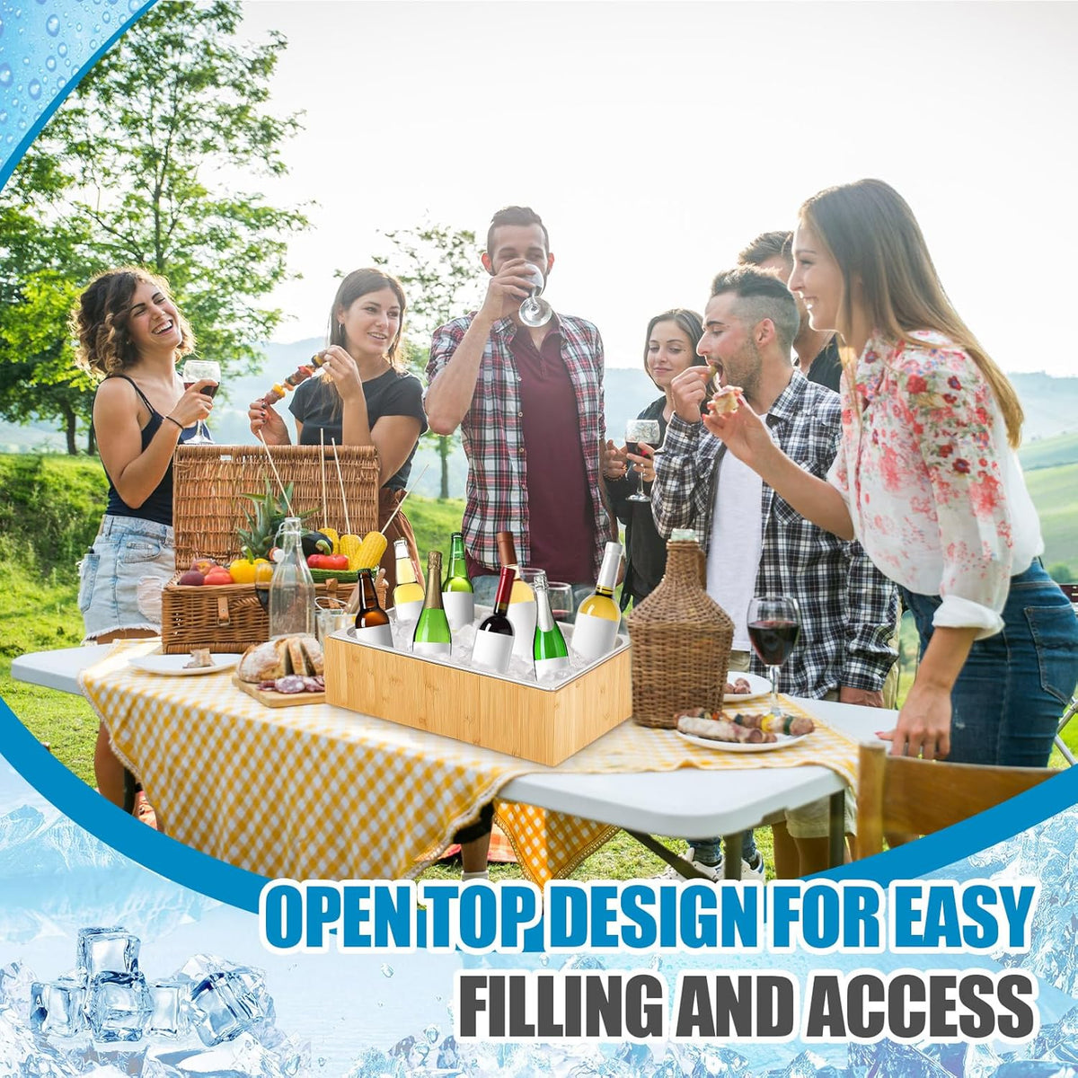 Large Bamboo Ice Bin with Removable Steel Tray for Party Buffet Drinks
