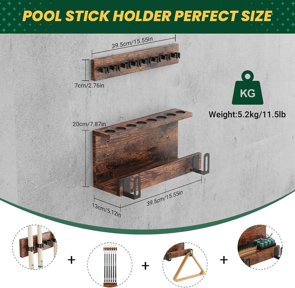 Wall Mount Pool Cue Holder – Hardwood Billiards Cue Rack for 8 Sticks, Pool Stick Wall Mount Storage Organizer, Pool