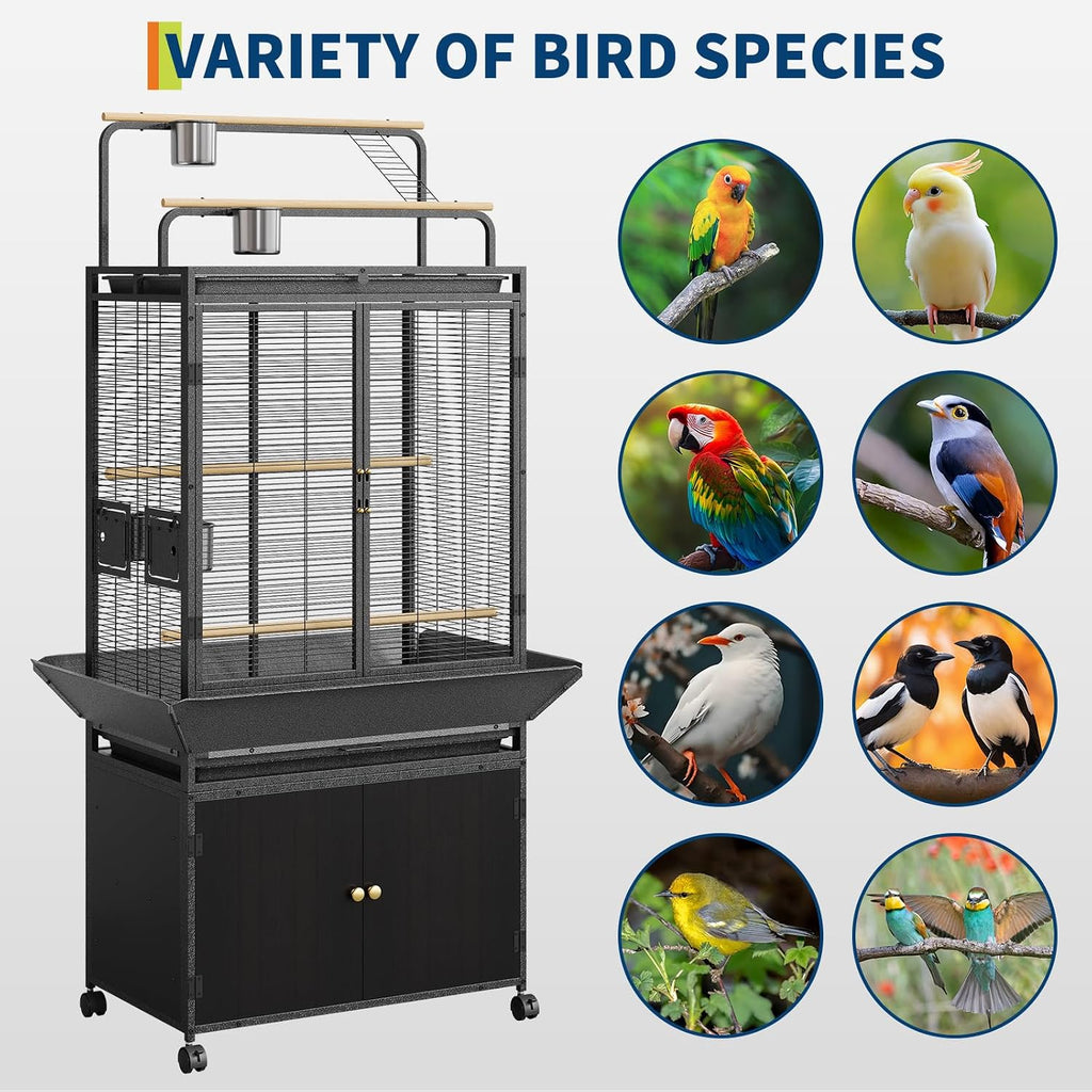 71 Inch Large Bird Cage with Play Top & Storage Cabinet, Wide Flight Cage | Birdcage with Storage for Parrot