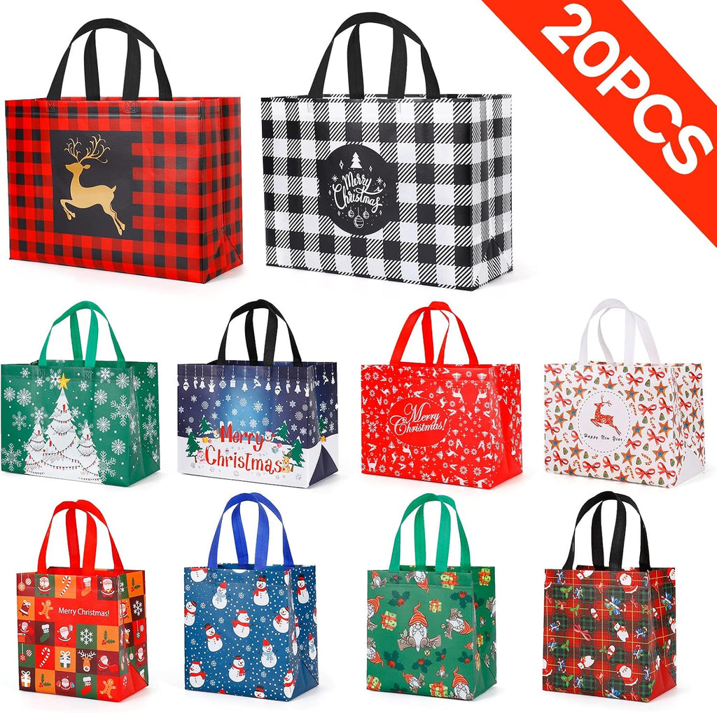 20 Pack Christmas Gift Bags Assorted Sizes, Reusable Tote Bags with Handle, Includes 4 Large 8 Medium 8 Small