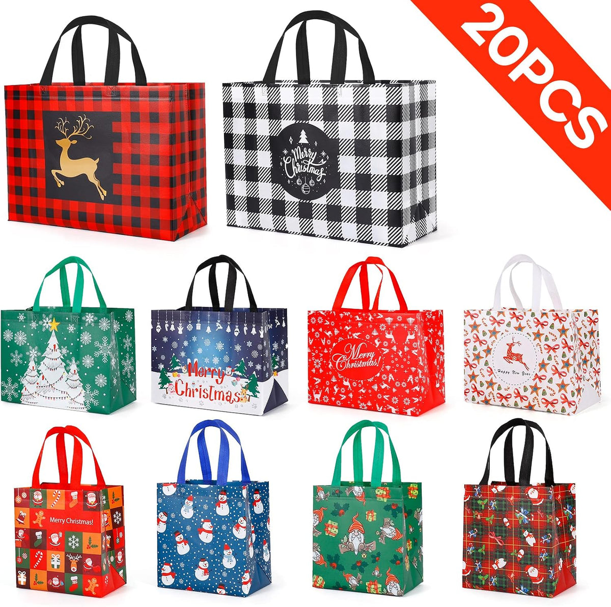 20 Pack Christmas Gift Bags Assorted Sizes, Reusable Tote Bags with Handle, Includes 4 Large 8 Medium 8 Small