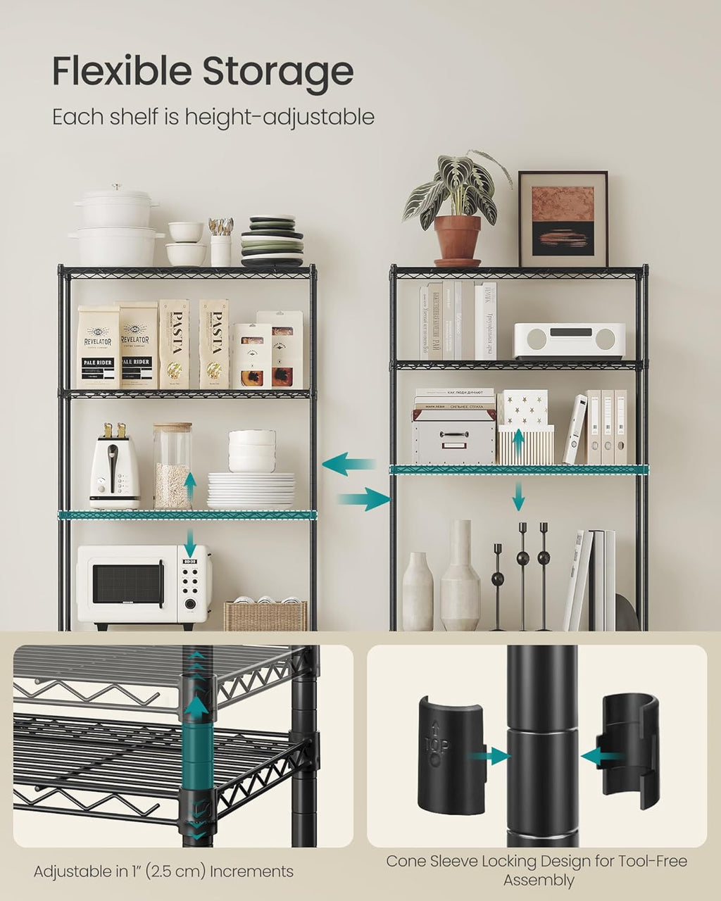 5-Tier Storage Shelves, Adjustable Wire Shelving Unit, 8 Hooks