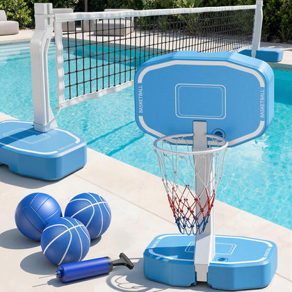 Pool Volleyball Net&Pool Basketball Hoop 2 in 1,Pool Volleyball Net for Inground pools,Pool Basketball Hoop Poolside