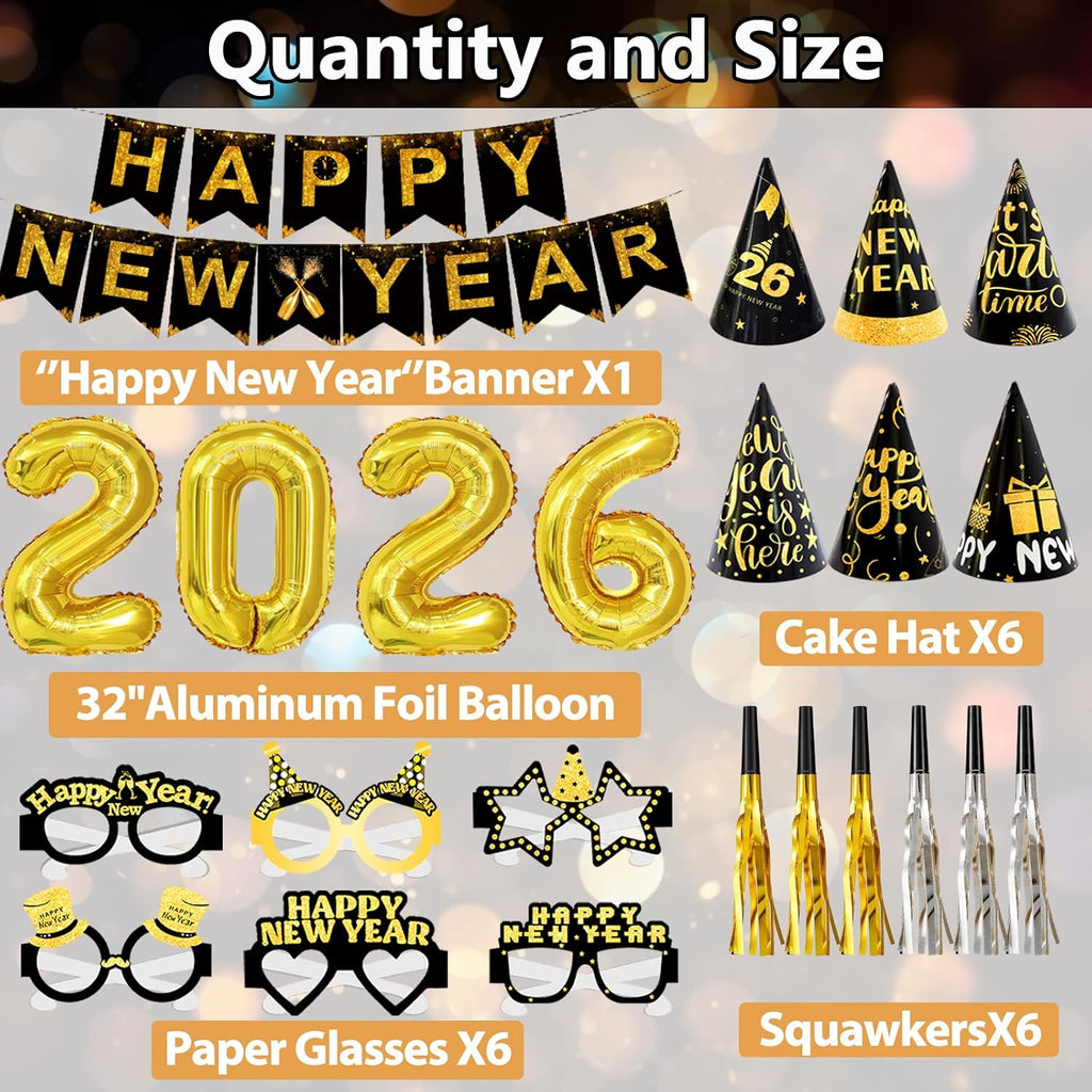 2026 New Years Decorations Set, New Years Eve Party Supplies 2026, "HAPPY NEW YEAR" Banner, "2025" Foil Balloon