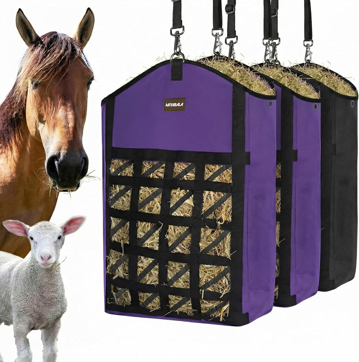 Ultra Slow Feed Horse Hay Bag Net Front, 3Pack (1 Black +2 Purple)